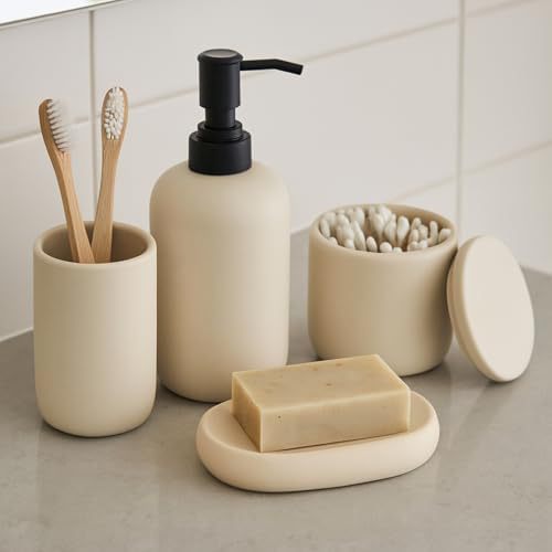Accesorios de baño de cerámica nórdica moderna de cuatro piezas, caja de jabón de color neutro, set de lavado de jabón image 9