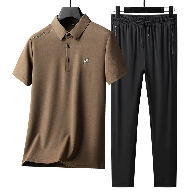 Летний мужской повседневный костюм 2025 новый комплект для папы: футболка с коротким рукавом из ледяного шелка и брюки, два предмета