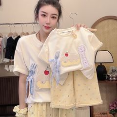 2025さくらんぼケーキ夏の新型自作重工刺繍女の子親子服半袖tシャツ点格子ズボン