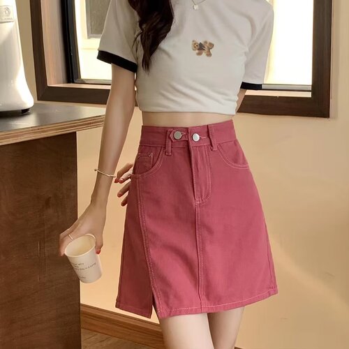 High-waist denim short skirt for women spring and autumn new style a-line skirt slim and versatile large size black hip-covering slit skirt