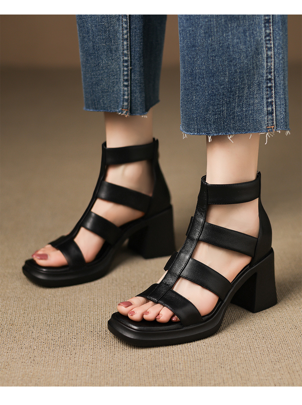 Sandal cao gót nữ mũi vuông hở ngón chân, chất da bò thô, gót 9 cm — đen chi tiết 10