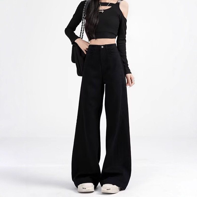 American-Style Wide-Leg Flared Jeans for Women, Guangzhou Supply, Spring and Autumn, High-Waisted, Slimming, Straight, Loose, Lazy, Drapey Cotton