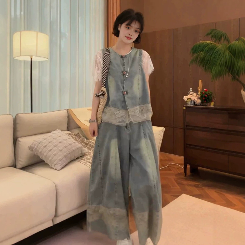 Korean-Style Lace Splicing Denim Vest + Wide-Leg Pants Set for Women, 2026 Summer New Fashion Slimming Two-Piece Set Korean-Style Lace Splicing Denim Vest + Wide-Leg Pants Set for Women, 2026 Summer New Fashion Slimming Two-Piece Set