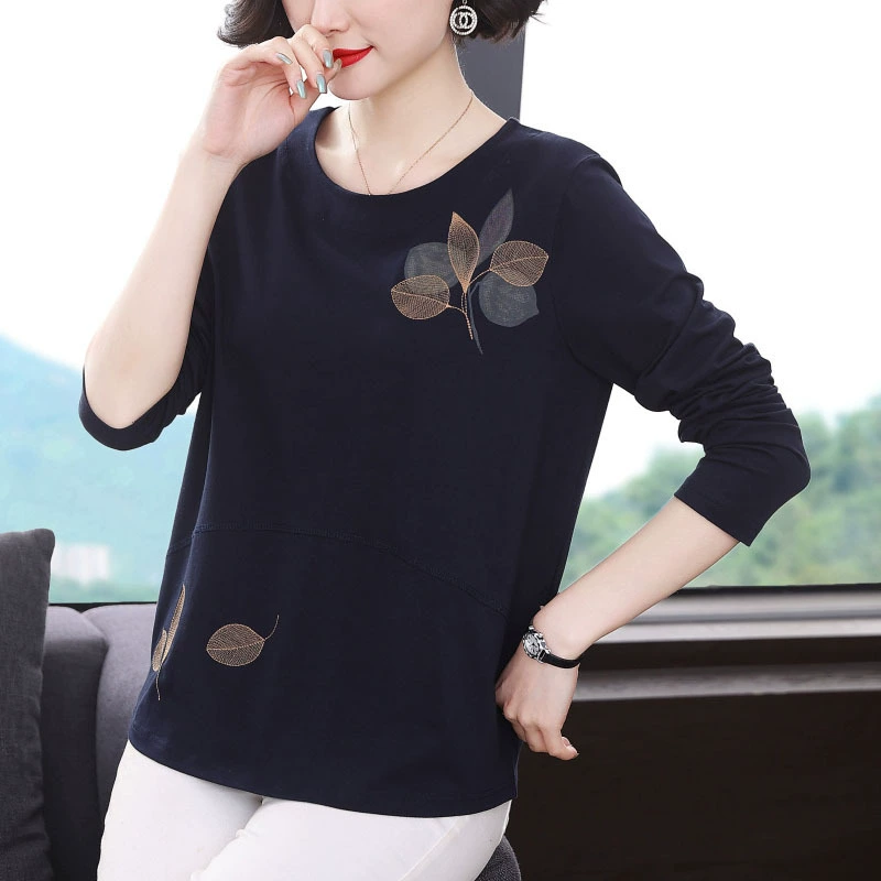 2025 новый стиль среднего и пожилого возраста хлопчатобумажная футболка с длинными рукавами женская свободная одежда осенняя одежда мама весенняя нижняя рубашка