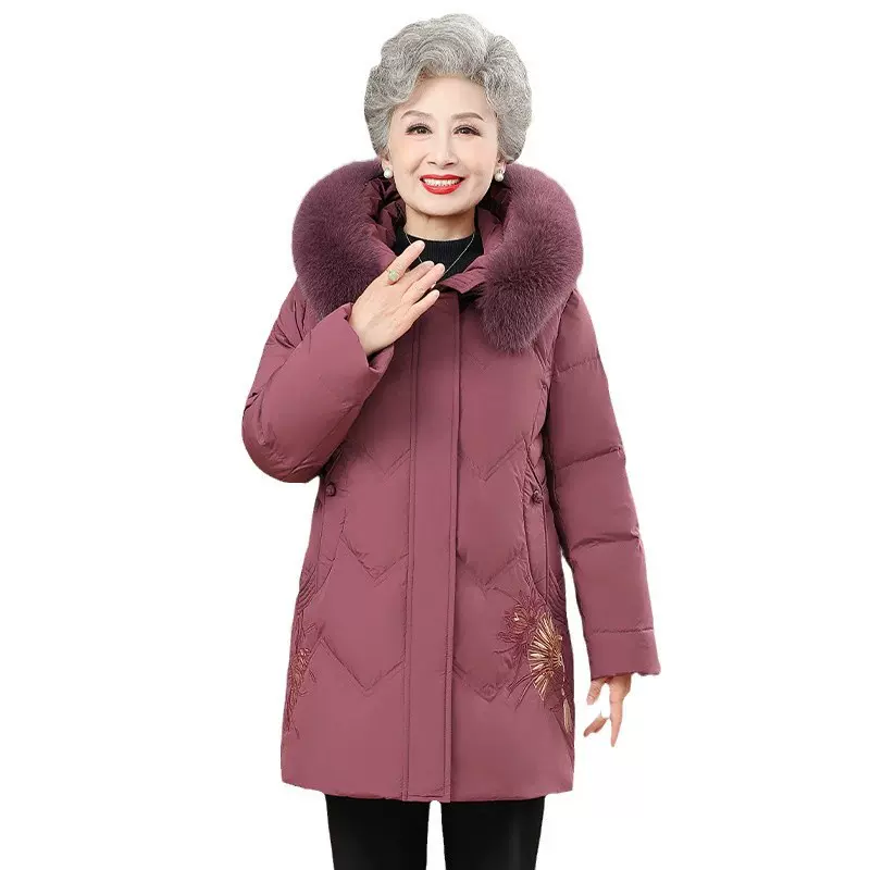 妈妈羽绒服中老年冬装女奶奶国风中长款外套90白鸭绒绣花洋气上衣