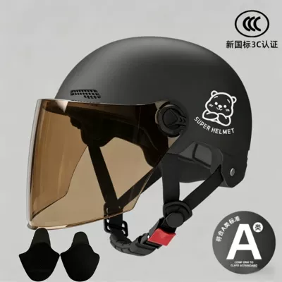 New national standard 3C certification electric: Motosiklet kaskı (dəbilqə) - 02-black-brown-long-mirror-silver-bear-ear-protection