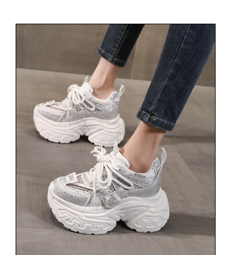 Giày sneaker nữ đế dày tăng chiều cao phong cách thời trang đính đá rhinestone, thoáng khí — màu trắng chi tiết 12