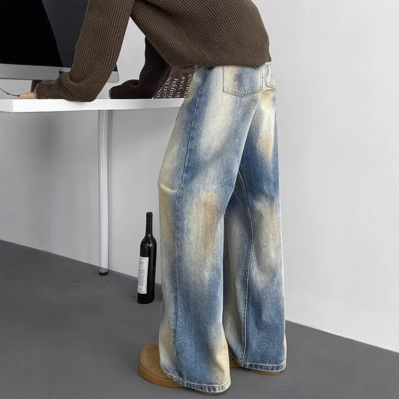 American-style High Street Vibe Washed Jeans Men's Retro Wear dirtyfit Dirty Dye Pants Design Sense Micro-pants