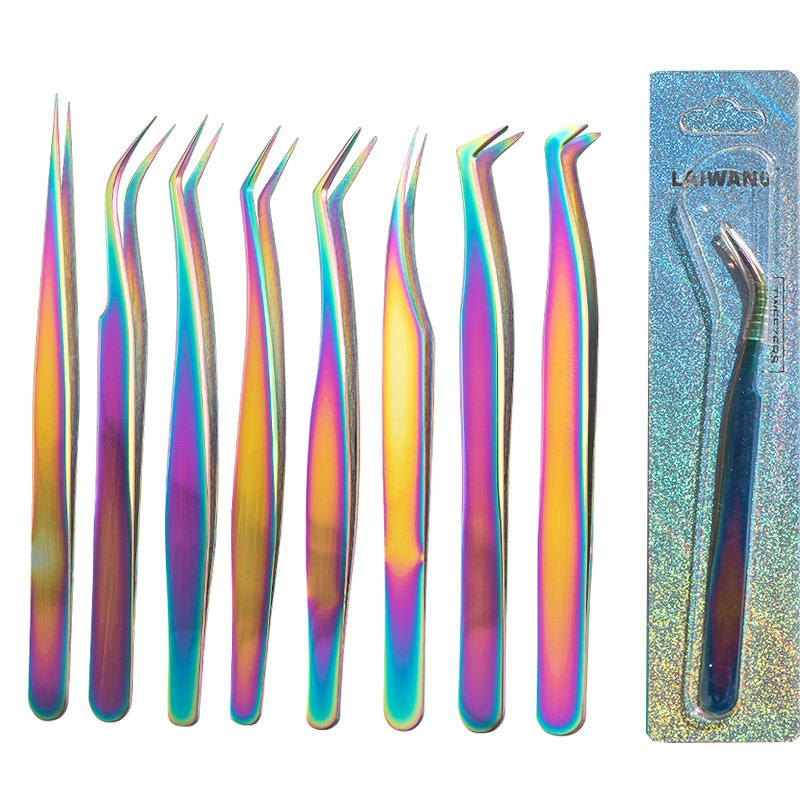 七彩镊子美甲不锈钢定位夹金羽夹镊子假睫毛开花海豚夹