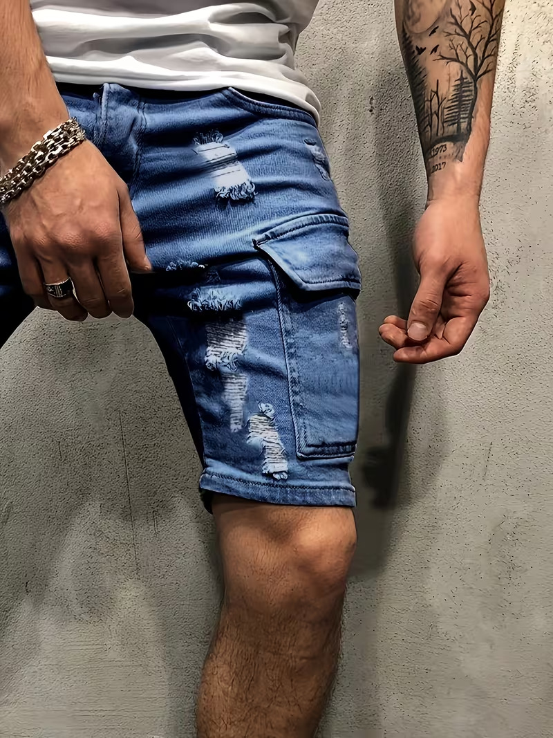 Men's Ripped Denim Shorts, Summer Stretch Cotton Cargo Shorts With Side Pockets, Slim Fit Casual Streetwear Style_viptrois.com