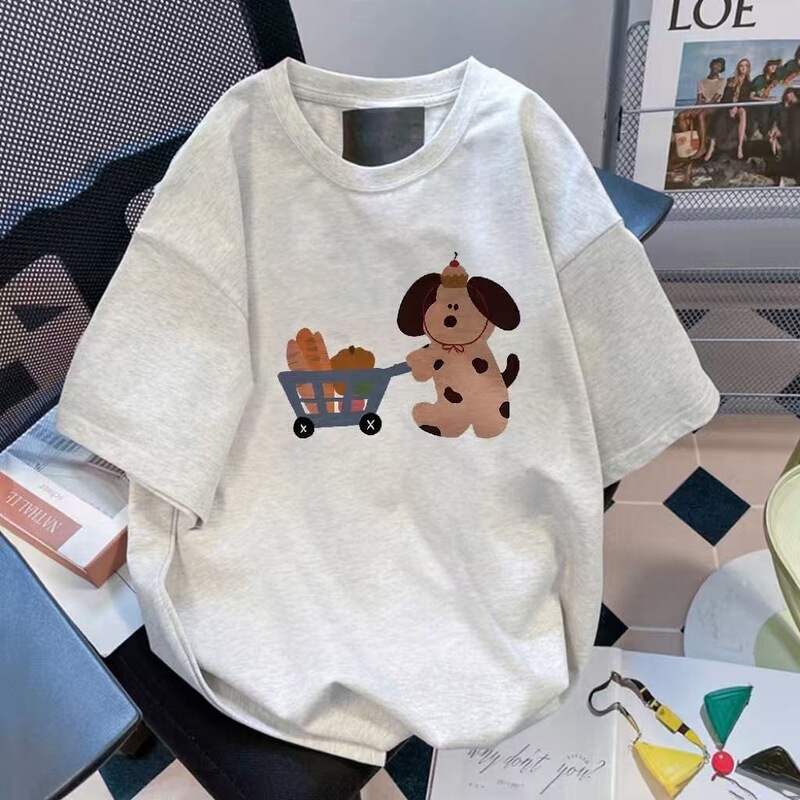 Versatile Printed Loose-Fitting Short-Sleeve T-Shirt for Students, Women, and Men, with a Lazy Style and Dog Print, Made of Pure Cotton for Summer
