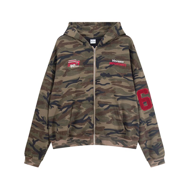 8591 American Retro Trendyy High Street Camouflage Towel Embroidered Design Jacket Men's Loose Hooded Velvet Sweatshirt