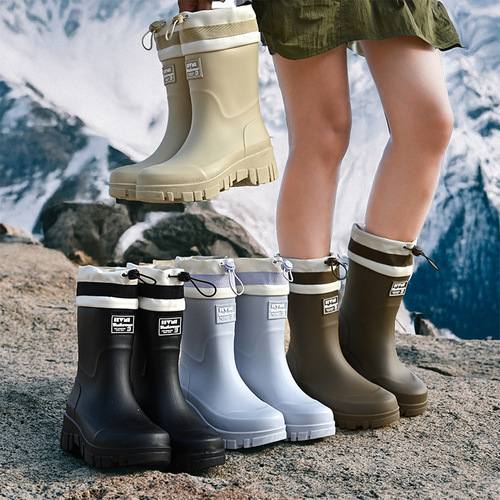 Cross-border high-top rain boots women's fashion rain boots outdoor mid-calf waterproof shoes fleece thickening warm rubber boots 