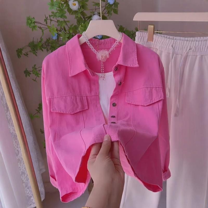 Pink Collar Twill Shirt Coat Women's Autumn New Design Sense Short Small Casual All-match Shirt