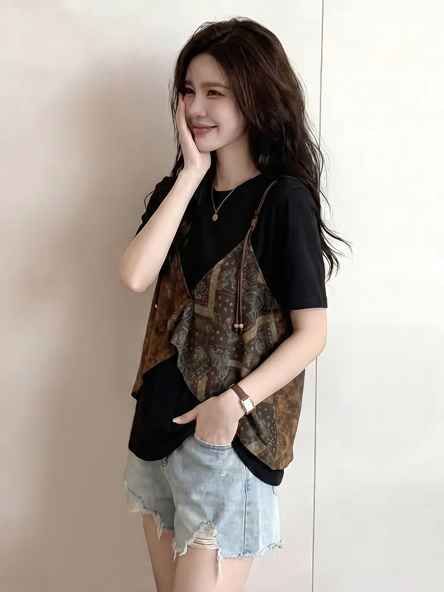 Áo thun nữ tay ngắn phối hai lớp in họa tiết, dáng rộng cao cấp — Màu ảnh