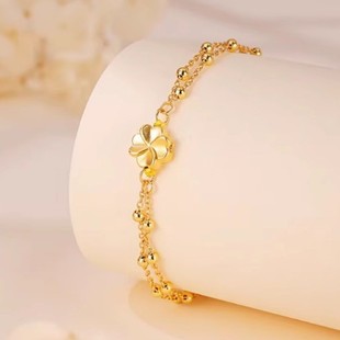 Gold-Plated Four-Leaf Clover Bead Double-Line Bracelet Women's Bracelet Versatile Four-Leaf Clover Bracelet Niche Design Fashion