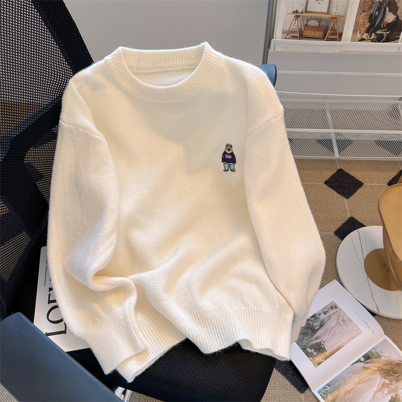 Brand Discount Women's Clothing Clearance Export Embroidered Bear Cashmere Sweater Soft Lazy Style Knitwear Spring and Autumn