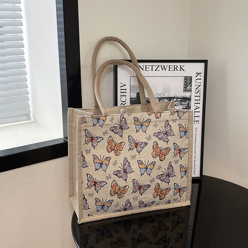 Милая сумка через плечо с принтом бабочки, женская повседневная портативная сумка из хлопка и льна для офисного работника, большая вместительная сумка для хранения