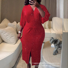 LZR19675女装红色丝绒满幅烫钻灯笼袖深V收腰中长款礼服裙