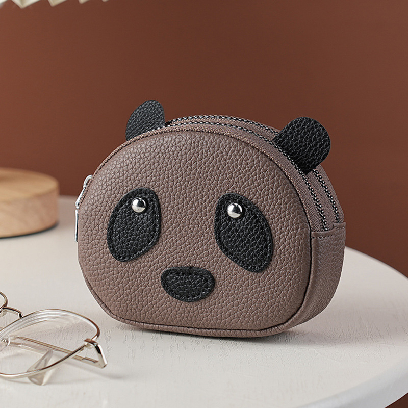 Cute panda pequeño bolso de cambio de cuero suave doble cremallera cabeza de monedas de cuero suave multifunción bolso de llaves para mujeres