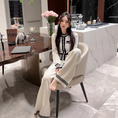 【现货】法式小香名媛套装女秋新款气质撞色上衣阔腿裤针织两件套