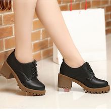 粗跟单鞋女新款秋百搭女鞋新品学院风女单皮鞋高跟鞋带女工鞋黑色