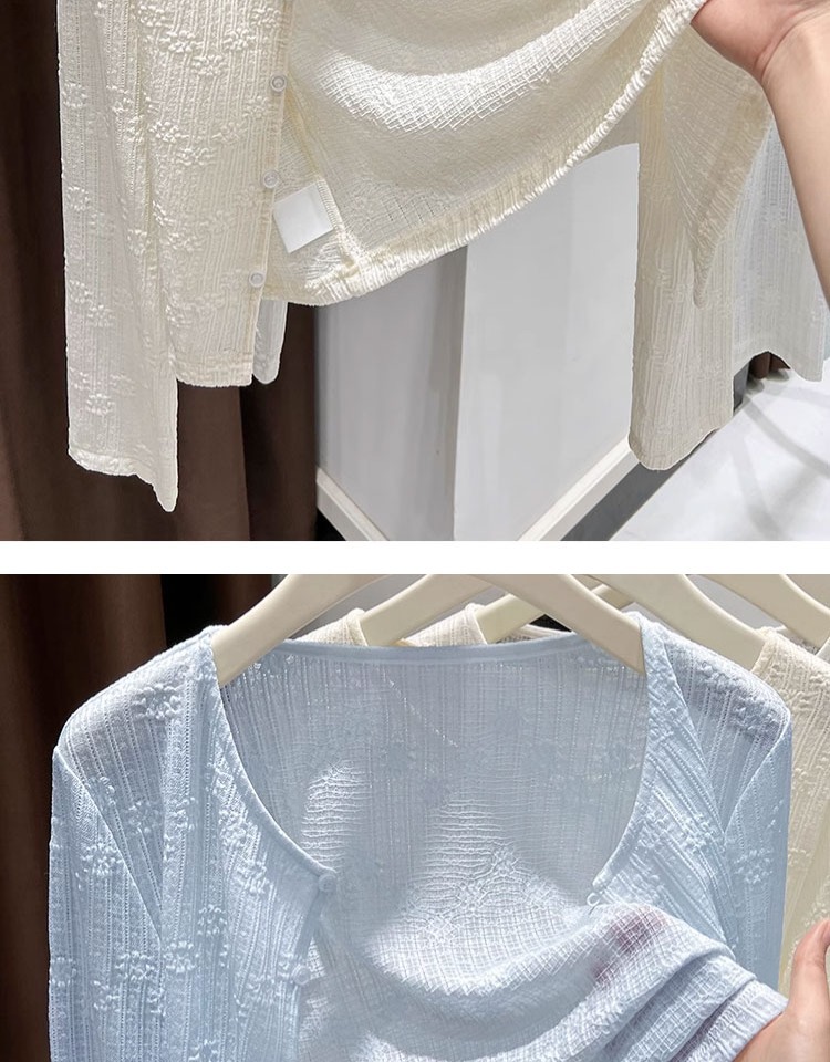 Bộ áo cardigan dệt kim lụa kết hợp váy hai dây ren chống nắng nữ — Màu xanh lam nhạt chi tiết 15