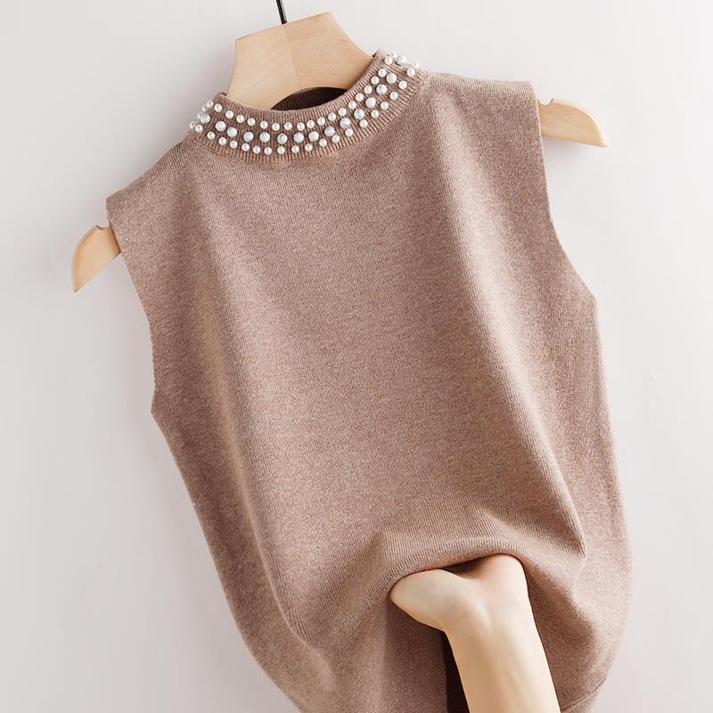 2022 Autumn Half-high Collar Knitted Camisole Women's Half-high Collar Short Fashionable Beaded Inner Base Top Trendy