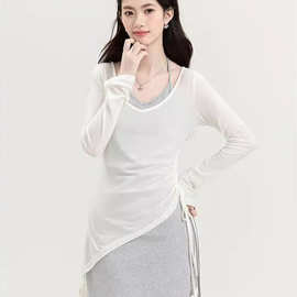 灰色吊带裙两件套防晒罩衫上衣挂脖连衣裙短裙女秋慵懒风套装裙