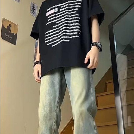 复古蓝弯刀牛仔裤男款夏季美式hiphop裤子高街微喇直筒裤水洗泥色