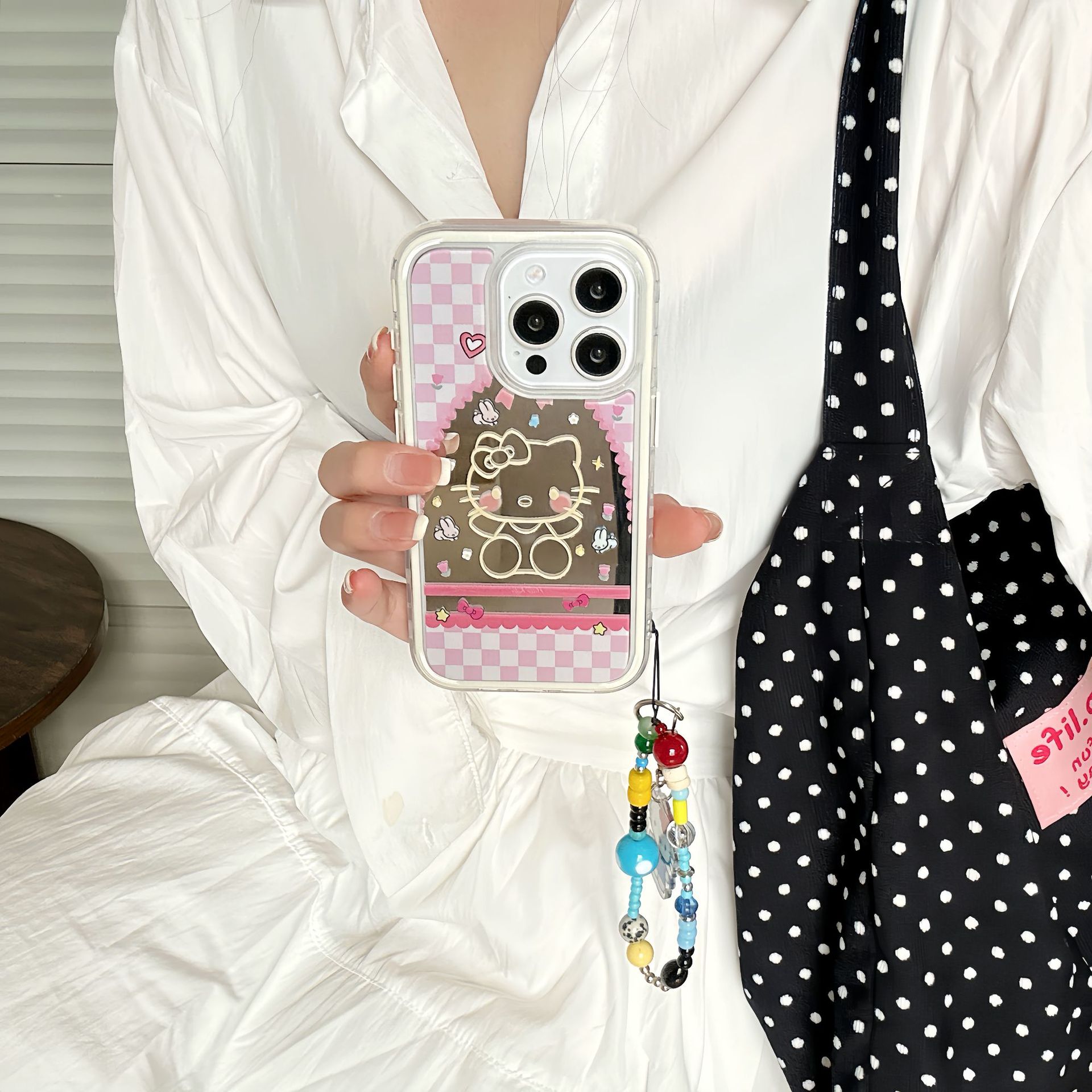 Dibujos animados lindo espejo KT gato para Apple 16proMax funda para teléfono móvil 15Pro chica 14/13 colgante 15PM