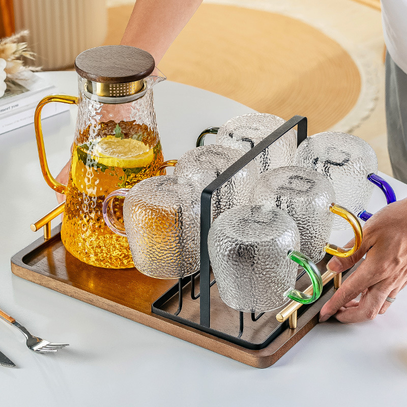 Nordic Waterware Set for Living Room, Household Glass Hammered-Patterned Cup, Afternoon Tea Pot, Heat-Resistant Cold Water Jug, Juice Jug with Tray