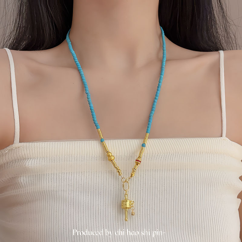 Turquoise Rattle Tube Pendant Beaded Necklace Women's Spring and Summer Chinese Ethnic Style Long Sweater Chain Retro Accessories