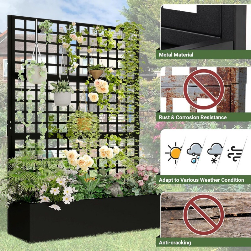 Flower bed planter box with trellis, elevated garden bed, courtyard privacy planter, planting box for climbing plants, flowers, and vegetables
