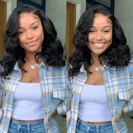 跨境假发 欧美女士前蕾丝化纤头套 黑色偏分短卷发 厂家现货直销