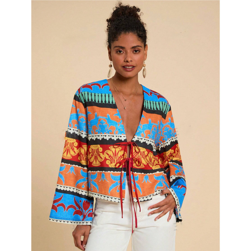 Cross-Border Export 2024 New European and American Style Long-Sleeved Printed Shirt with Lace-Up Design on the Front, Loose Casual Cardigan
