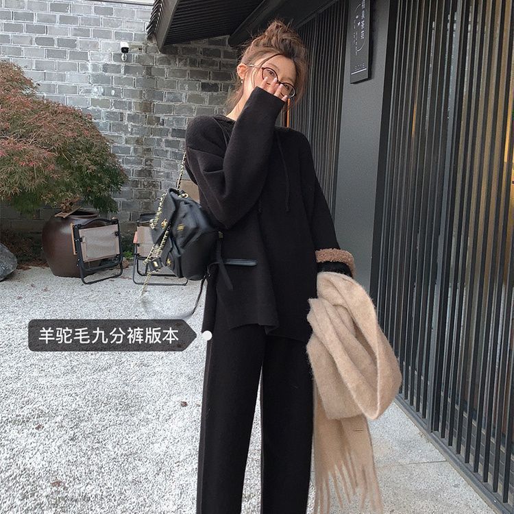 慵懒风针织套装裙女秋冬新款宽松休闲连帽毛衣九分裤裙时尚两件套|undefined