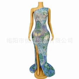 优雅单肩开叉摆尾透视网纱欧美水钻礼服宴会酒会夜场演出服水流花