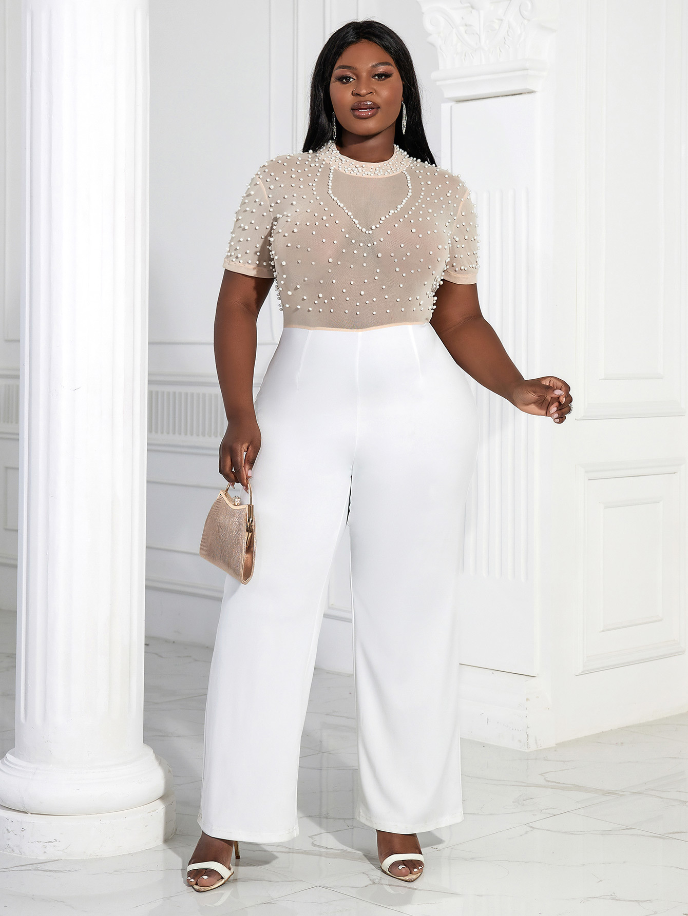 Women's Clothing Round Neck Short Sleeve Beaded Jumpsuit Casual Style High Waist Slim Party Dress Jumpsui_voghion.com