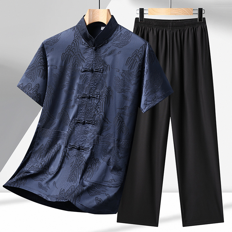 2026 New Ethnic Style Tang Suit for Men, Middle-Aged and Elderly, Casual Ice Silk Short-Sleeve Summer Hanfu Set, Dad's Outfit, Wholesale