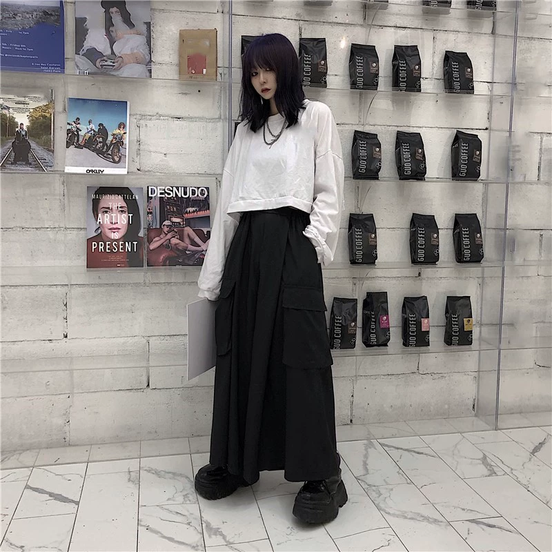 Реальный выстрел ~ Осенние свободные укороченные брюки в японском стиле с завышенной талией, широкие брюки, комбинезоны с большими карманами
