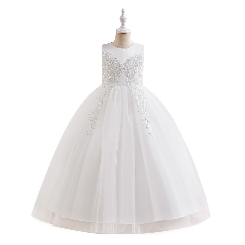 Aliexpress nuevo vestido transfronterizo de niños grandes y medianos vestido de princesa cuentas bordadas malla de chicas pequeños anfitriones ropa de actuación