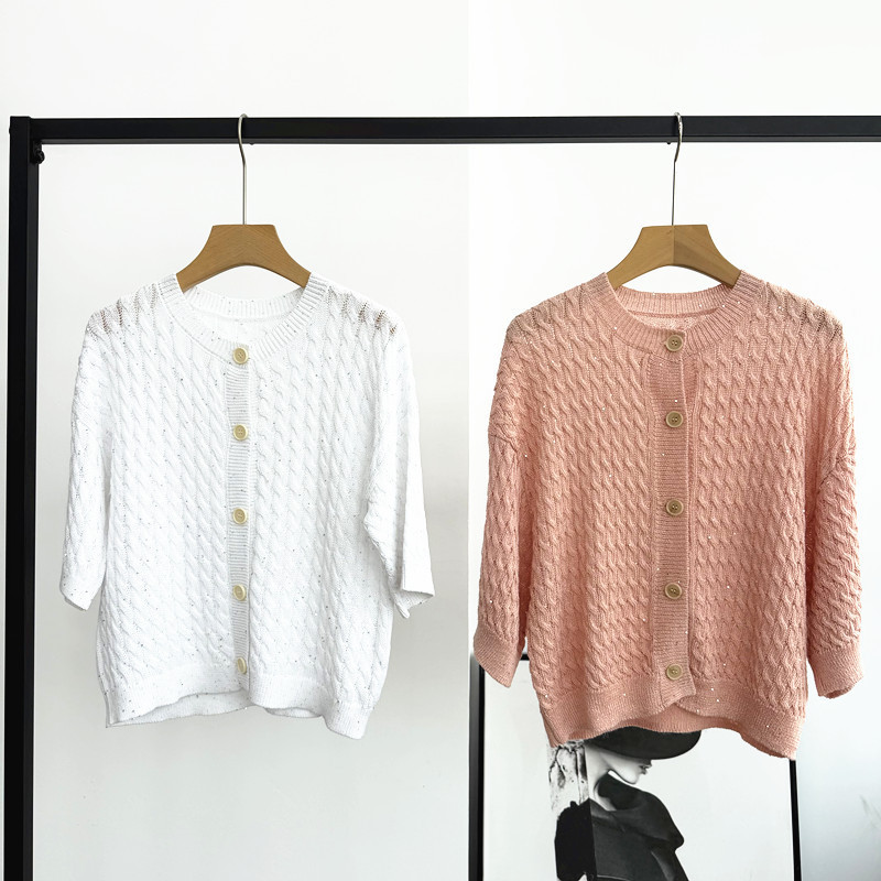 Bc New Spring/Summer Women's Cardigan with Round Neck, Buttoned Raglan Sleeves, Cable Knit, Sequins, Loose Linen Knit Top