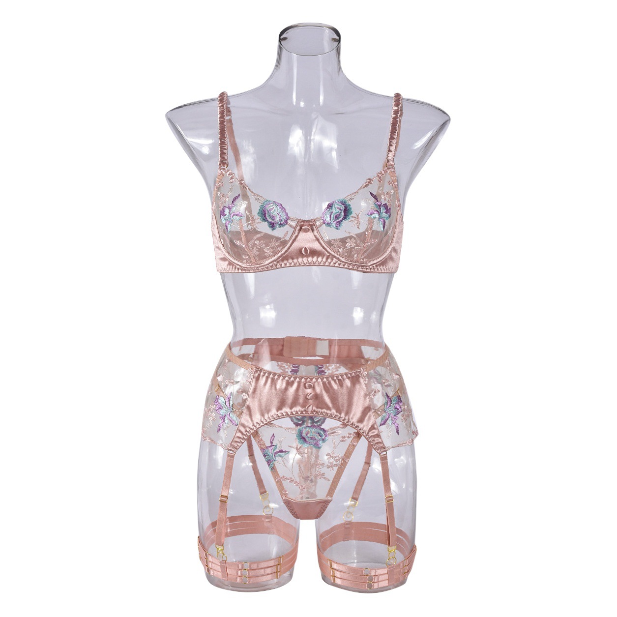 Lencería europea y americana transfronteriza sexy Lencería transparente satén malla bordado sujetador sexy tentación Conjunto de 4 piezas