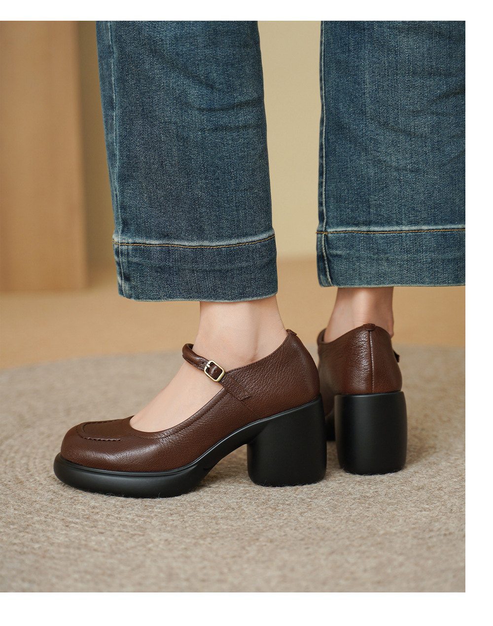 Giày Mary Jane nữ đế dày gót thô 8 cm, da dê mềm, quai ngang khóa — màu nâu chi tiết 7