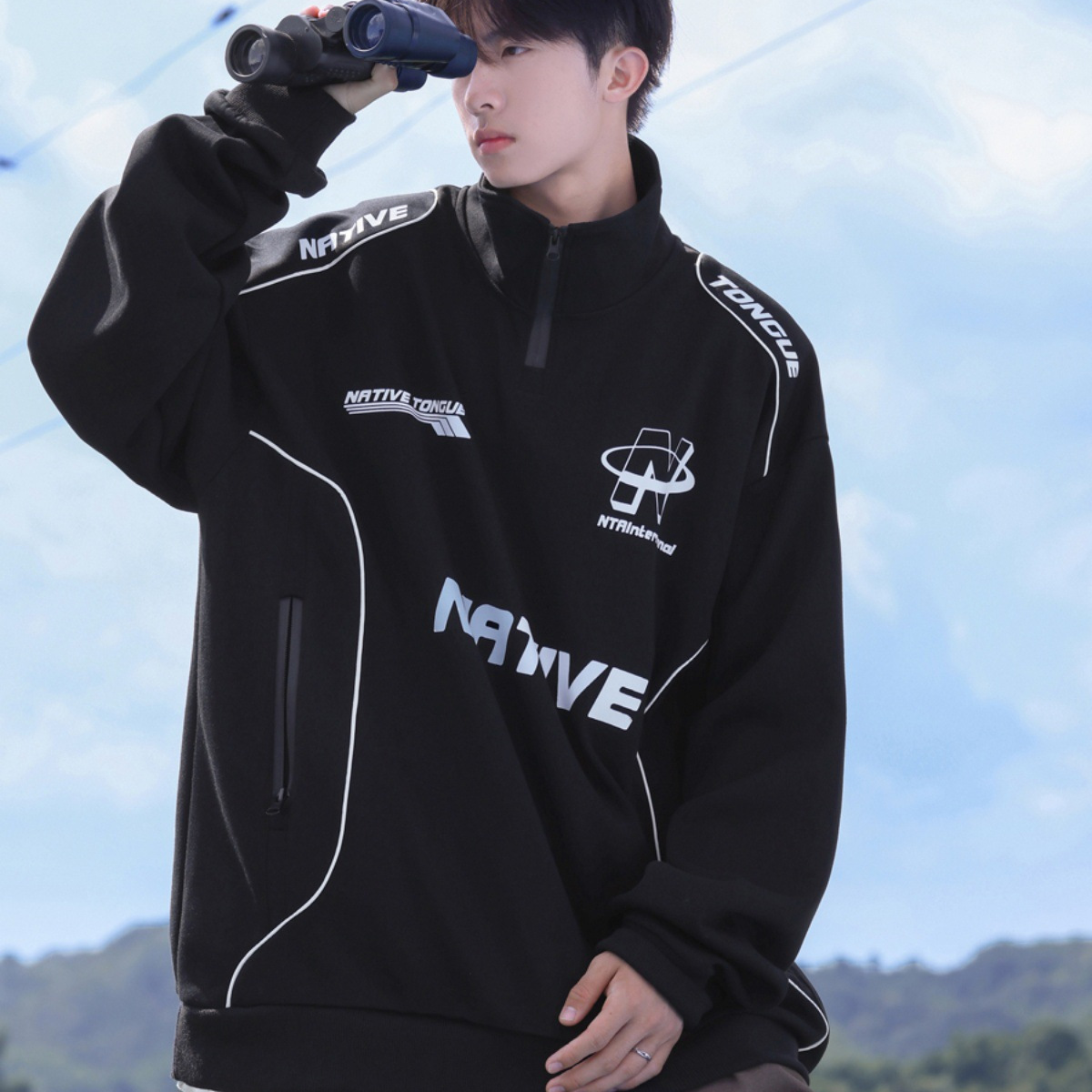 Casual 2024 tendencia de la moda suéter con media cremallera a juego de colores, traje de motocicleta, traje de carreras, chaqueta de tendencia para hombres y mujeres