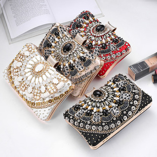 Cross-Mirror New Bead Embroidered Evening Bag, Hand-Beaded Women's Hand-Held Wedding Bag, Diamond-Encrusted Banquet Rhinestone Evening Bag