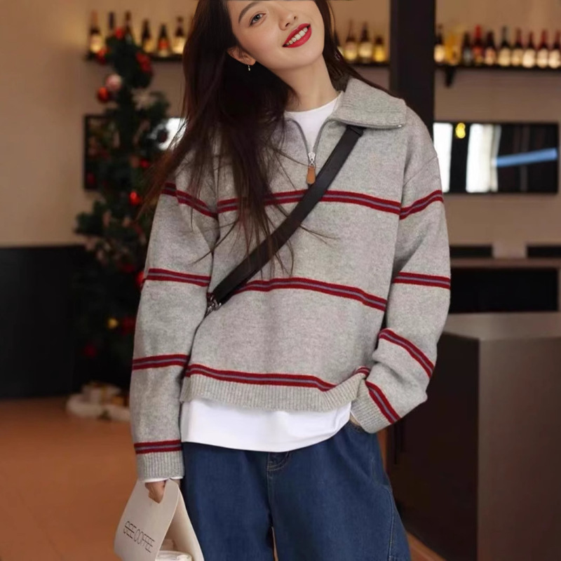 100% Pure Wool Sweater Women's Half-Zip Lapel Japanese Contrast Striped Pullover Lazy Knitted Cashmere Sweater