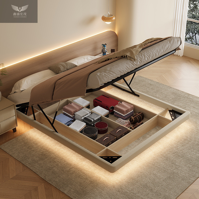 Cama de almacenamiento de suspensión sin cabecera de cama de caja moderna y simple, cama de cuero de ahorro de espacio.
