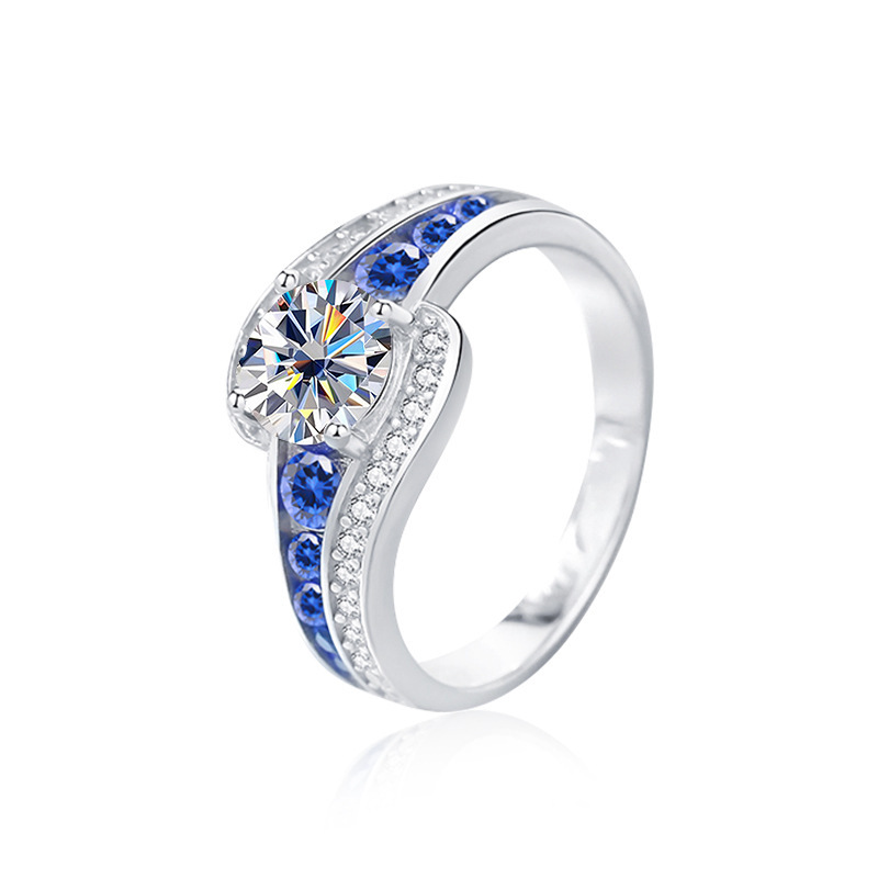 Anillo de diamante de Mosan mujer s925 plata esterlina cruzada joyería de lujo ligera europea y americana anillo de zircón azul incrustado